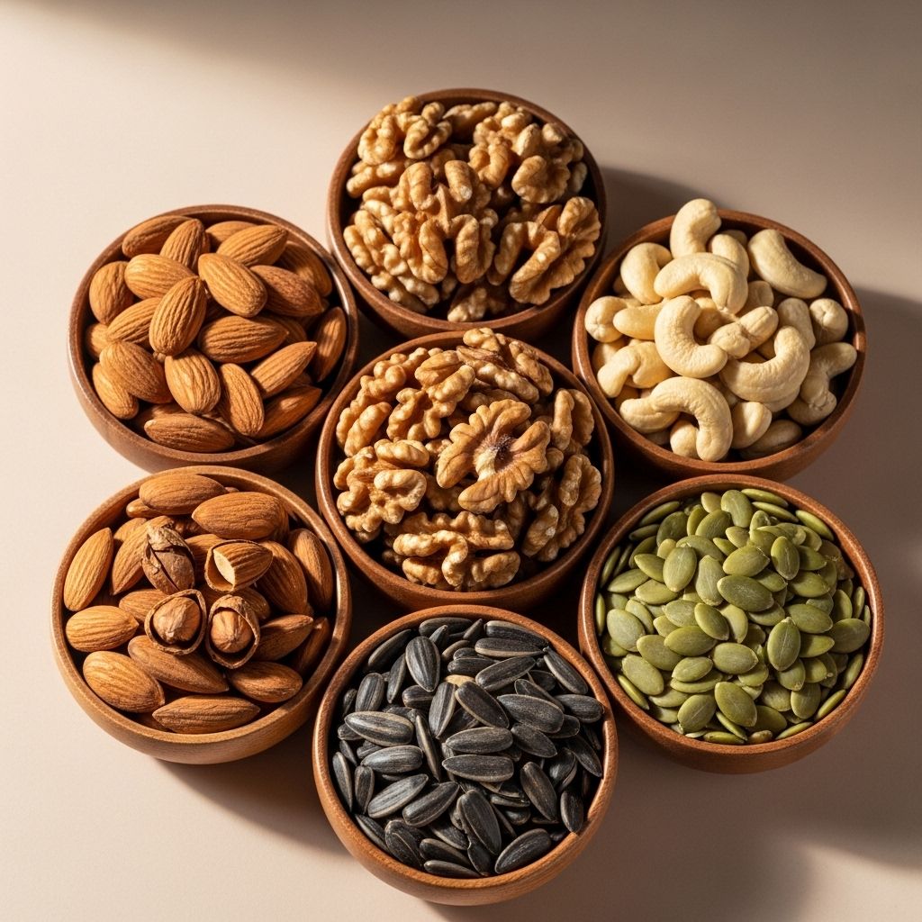 Sortiment av nötter och frön i träskålar: mandlar, valnötter, cashewnötter, solrosfrön och pumpafrön mot en ljus bakgrund