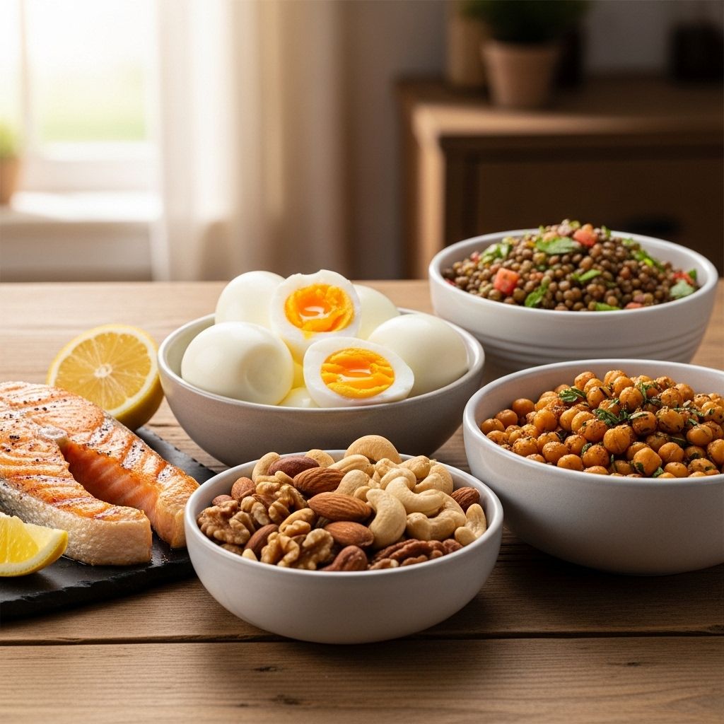 Urval av proteinrika livsmedel på ett köksbord: ägg, fisk, baljväxter i skålar och nötter mot en naturlig bakgrund